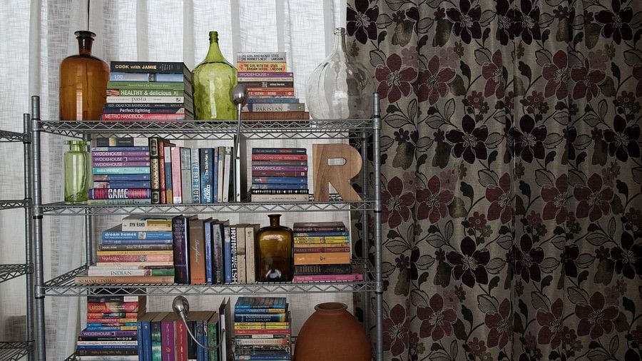 books and bottles on shelf