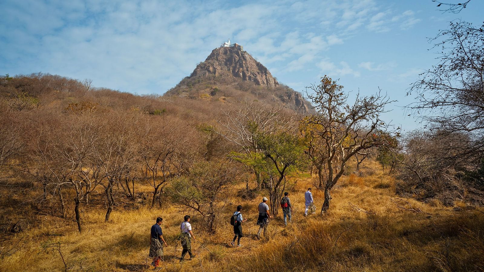 image of a a group of people walking in a trail through the dry lands of rajasthan featuring a mountain hill in the background