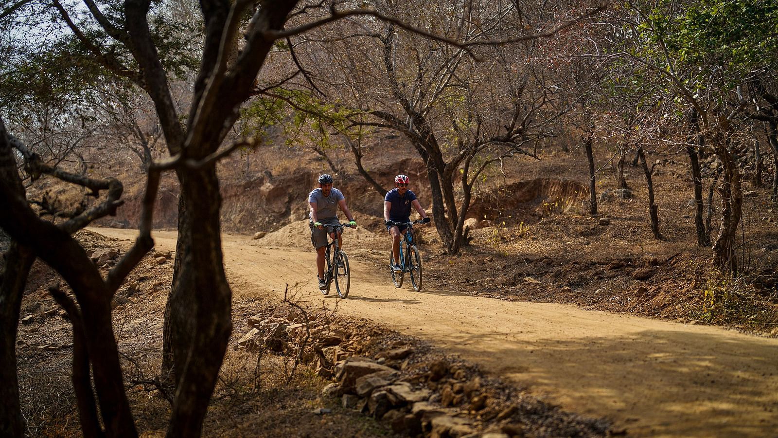 image of two people cycling through the woods through a raw road at dev shree, deogarh