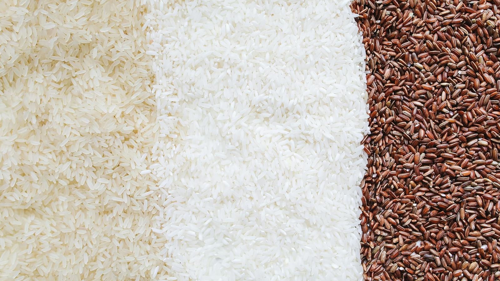 An image featuring three varieties of rice, displayed side by side to showcase their different textures and colours.