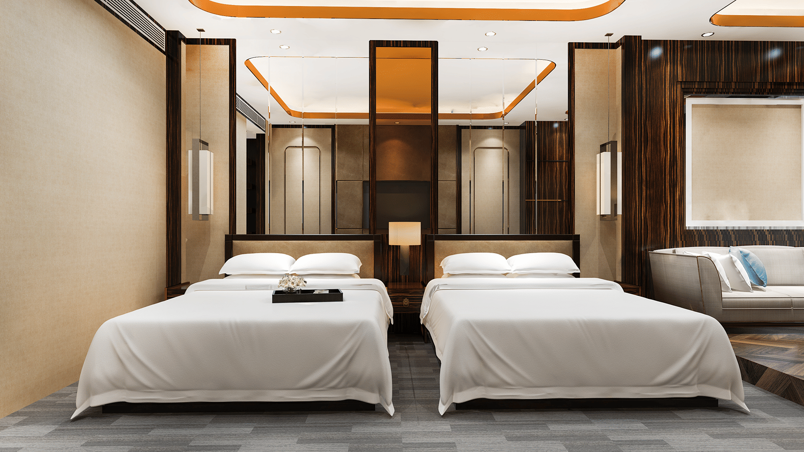 A spacious room featuring a twin bed, elegant lighting, wooden panelling, and contemporary interior design.