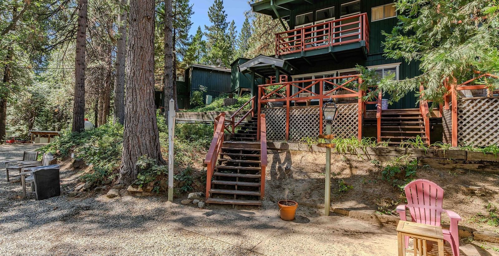 A view of a cabin in the woods