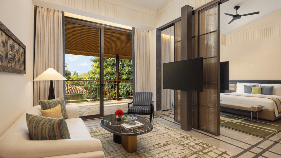 Sanctuary Suite interior at The Riverview Retreat, Corbett, showing the living area leading into the bedroom space.
