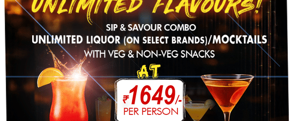 Promotional banner for Sip & Savor Combo, highlighting unlimited liquor and mocktails at INR 1649 per person for 90 minutes, with images of two cocktails and a plate of snacks.