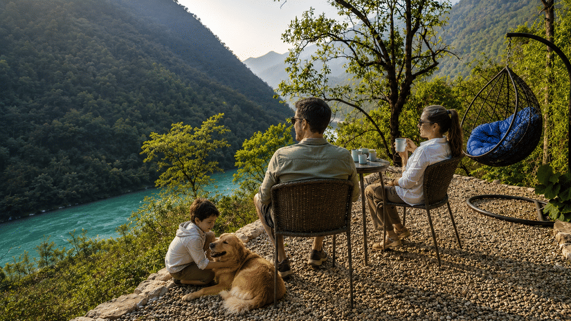 A family of 3 people with their pet golden retriever dog lounging at an open area of Neemrana's Glasshouse on The Ganges, overlooking the flowing Ganga River.