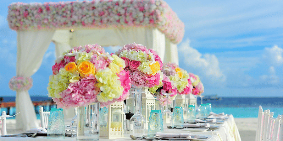 Coloured centrepieces arranged on a table