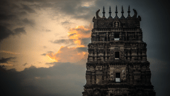 Facade of Varaswamy Temple with dusky sky in the background