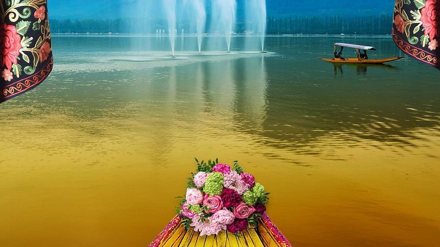 A bouquet is placed at the edge of the boat. At at distance there are other boats moving on the lake.
