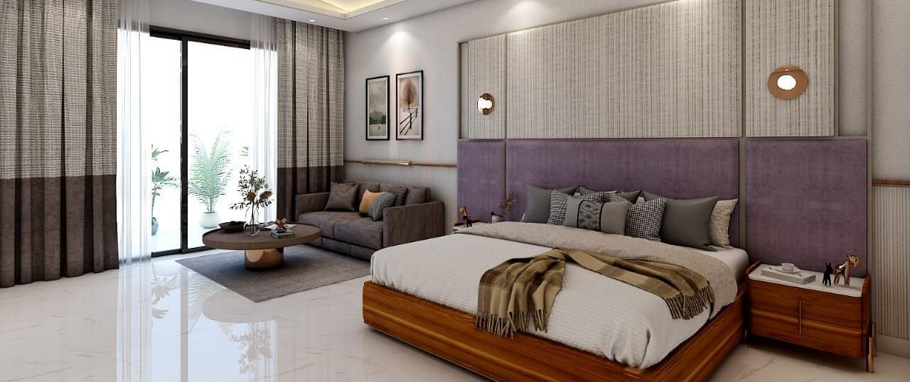 A beautiful room with ample of natural light coming from the huge french windows featuring a double bed in the room. - Namaste Corbett