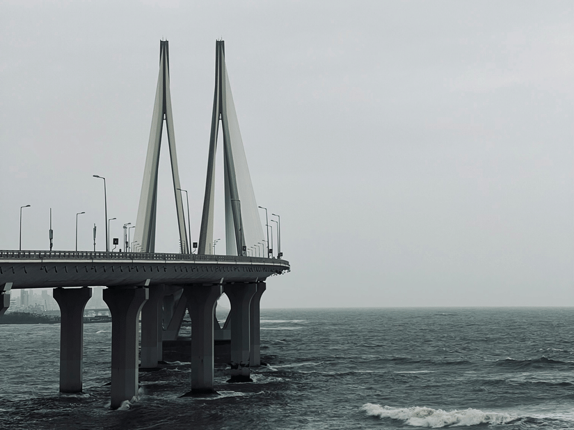 A far out view of the Bandra-Worli Sea link bridge with the Arabian Sea below, as seen during monsoons.