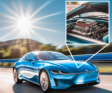 A blue electric car speeding on a highway with a zoomed-in inset of a high-performance engine, highlighting the vehicle's power and performance.