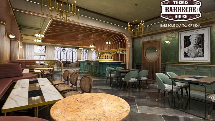An image of a huge restuarnt featuring several sets of tables and chairs at Themis Barbecue House, Panipat