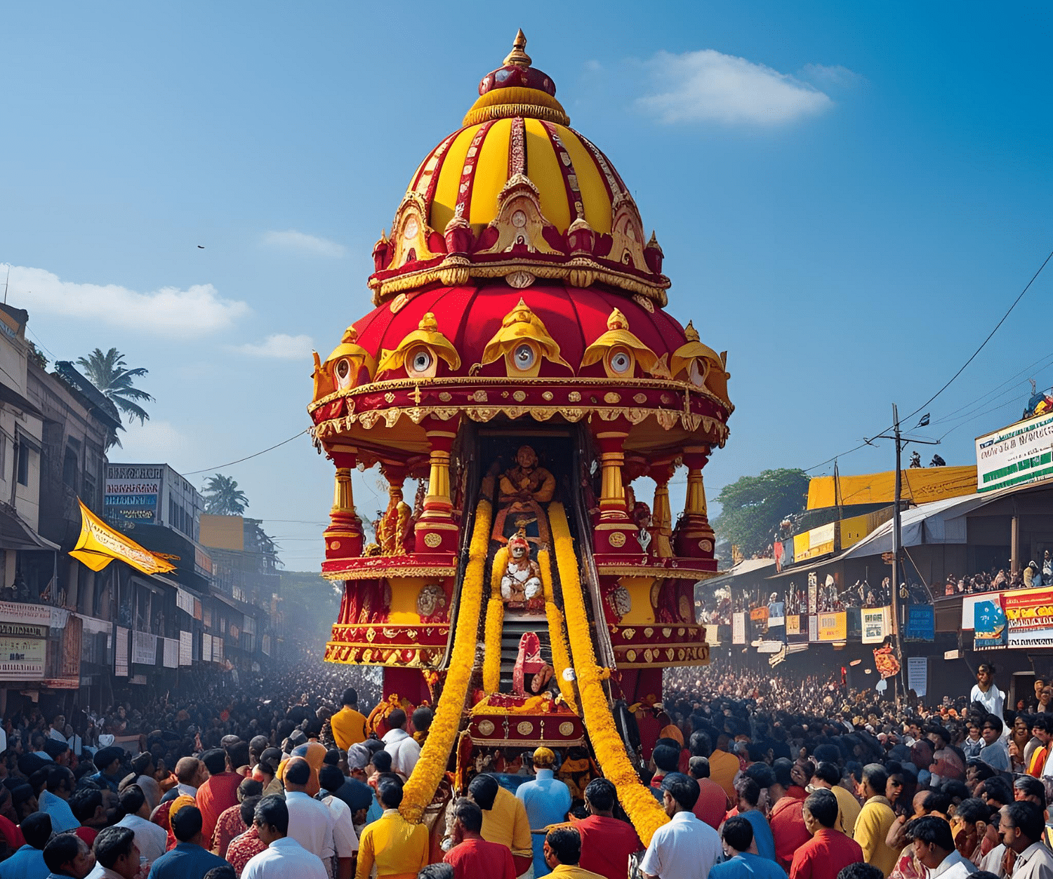 Traditional chariot tied with a rope, surrounded by people under a bright sky during Rath Yatra celebrations
