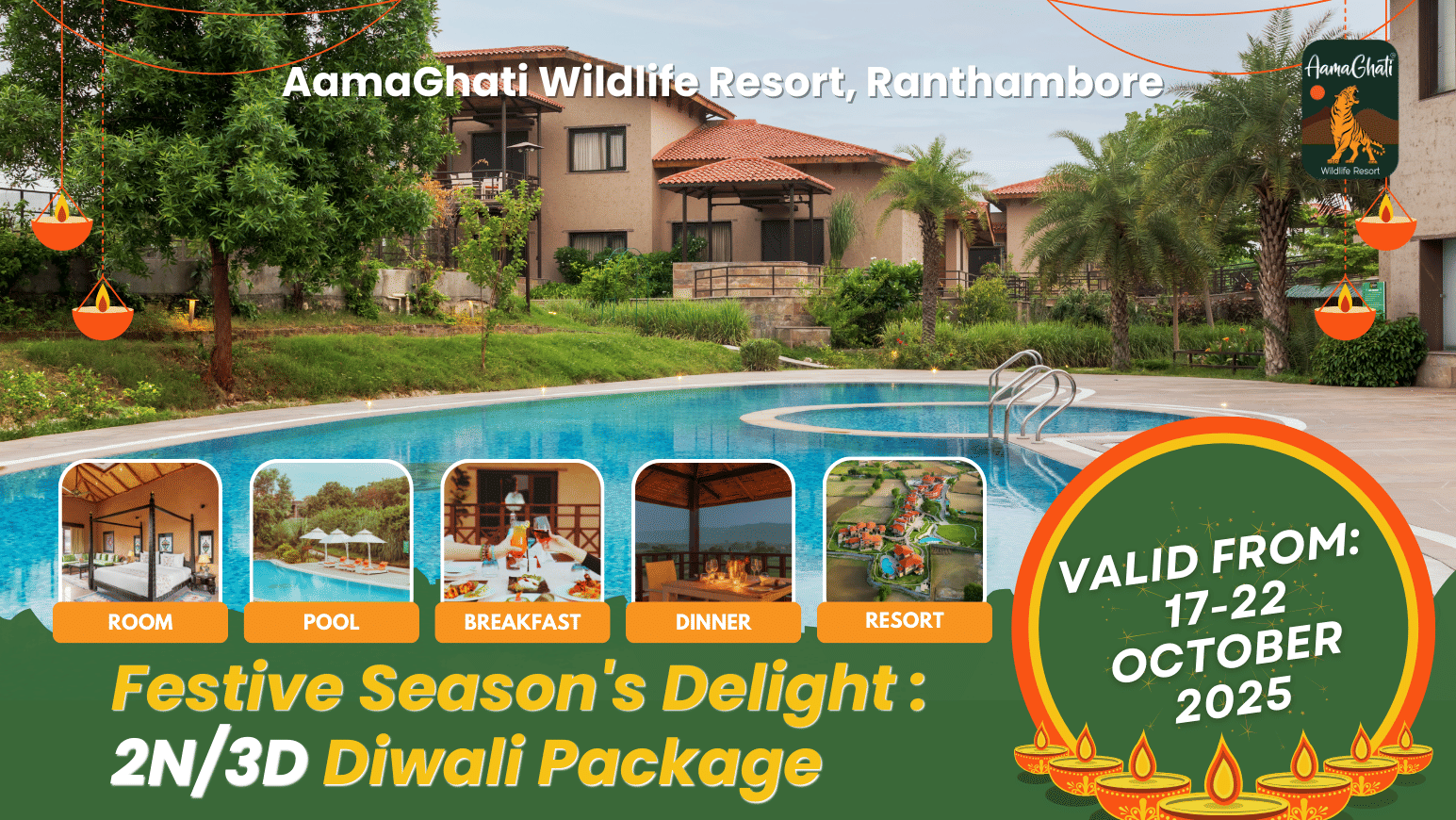 Creative for AamaGhati Wildlife Resort’s 2N/3D Diwali package in Ranthambore with stay, meals, and festive activities.