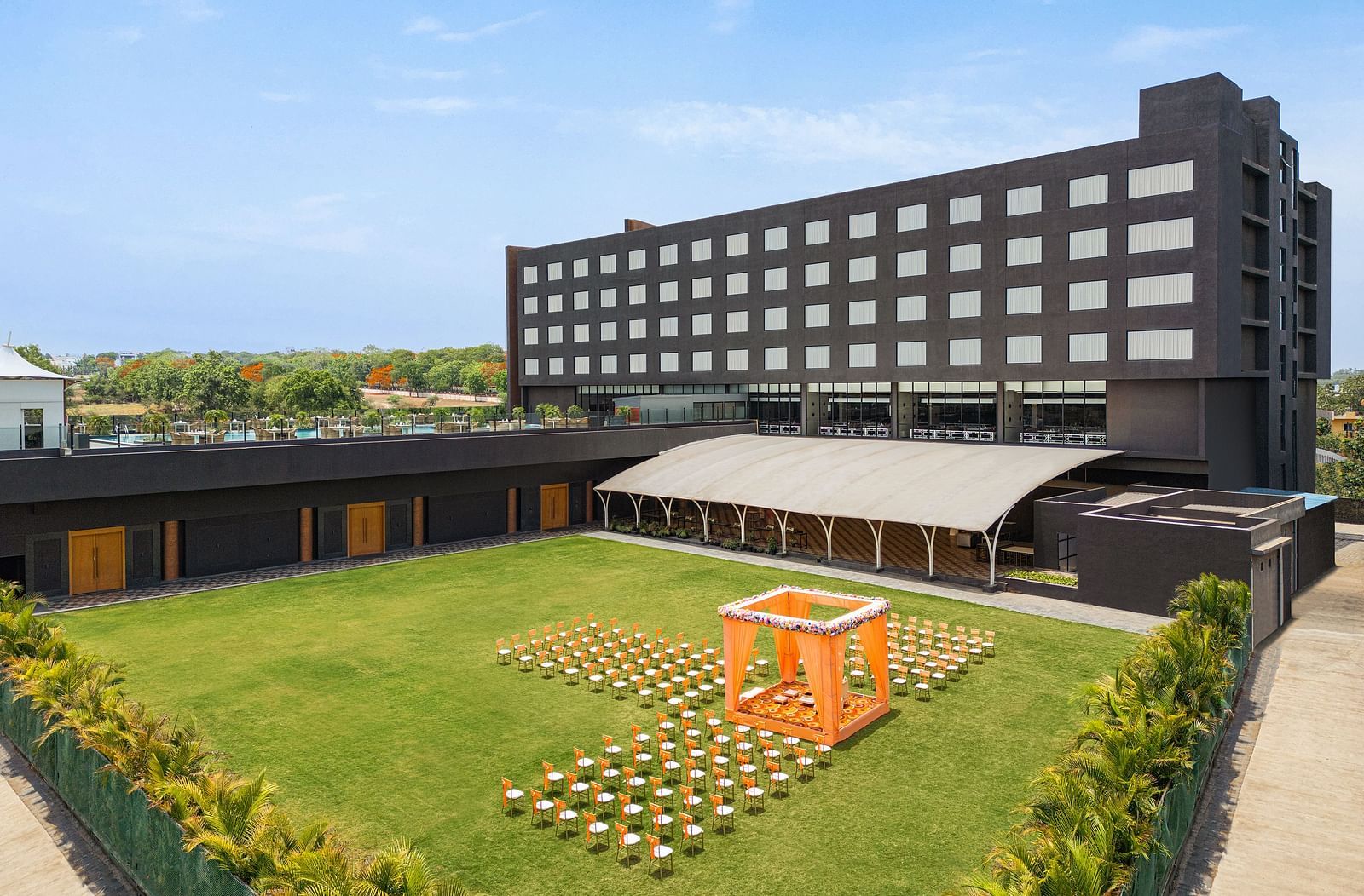 Wedding arrangement in Gulmohar Lawn at Essentia Luxury Hotel, Indore.