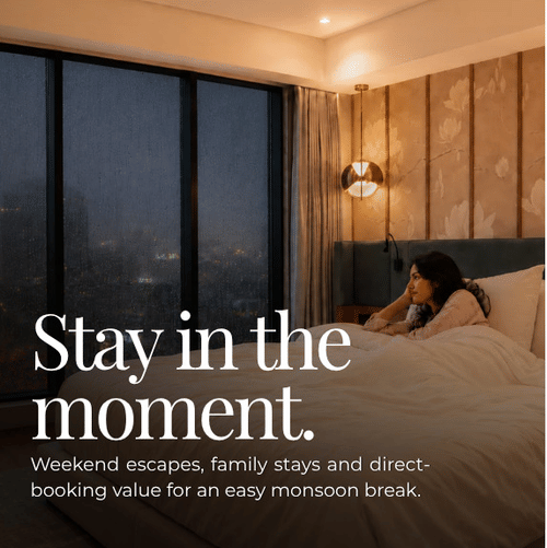 A promotional creative for the Pride Group of Hotels featuring a woman lying in bed near a window and the text 'Stay in the moment'.