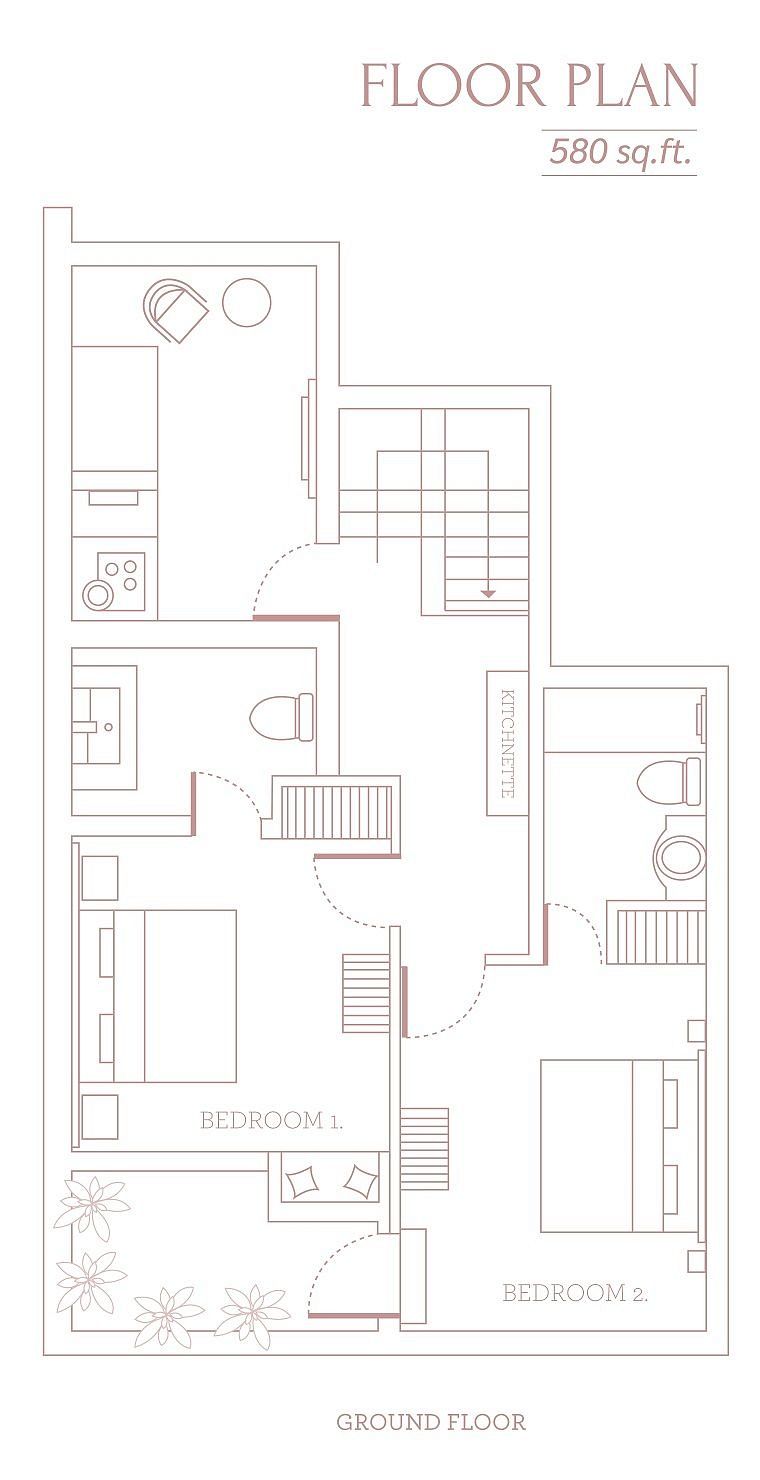 The floor plan of the Sparrows nest that features two bedrooms, a kitchenette - Karma Chalets