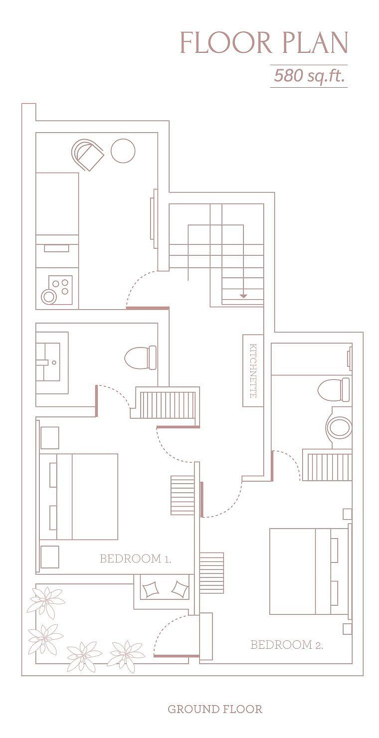 The floor plan of the Sparrows nest that features two bedrooms, a kitchenette - Karma Chalets