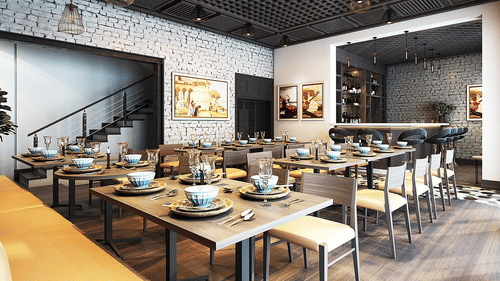 A contemporary dining area with many tables and chairs set up for meals in an open-plan space.
