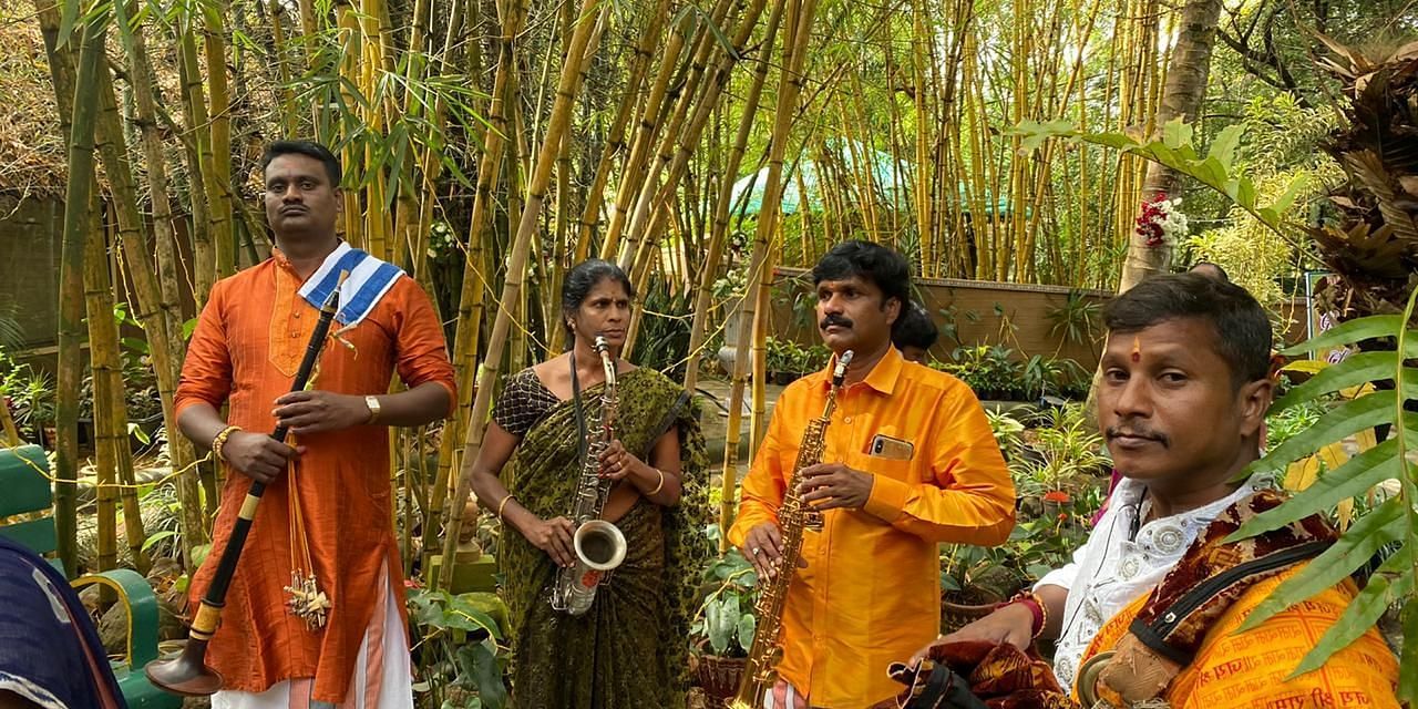 Traditional Band for a wedding procession at Hoysala Village Resort, Hassan