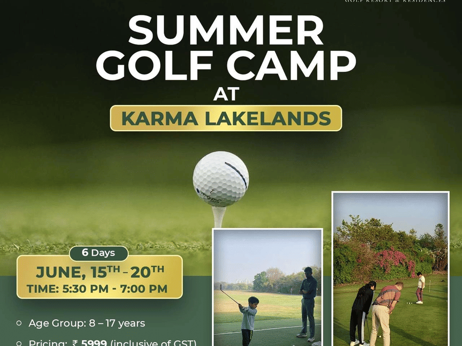Summer Golf Camp promotional banner at Karma Lakelands featuring golf training sessions for children aged 8–17 years from June 15th–20th.