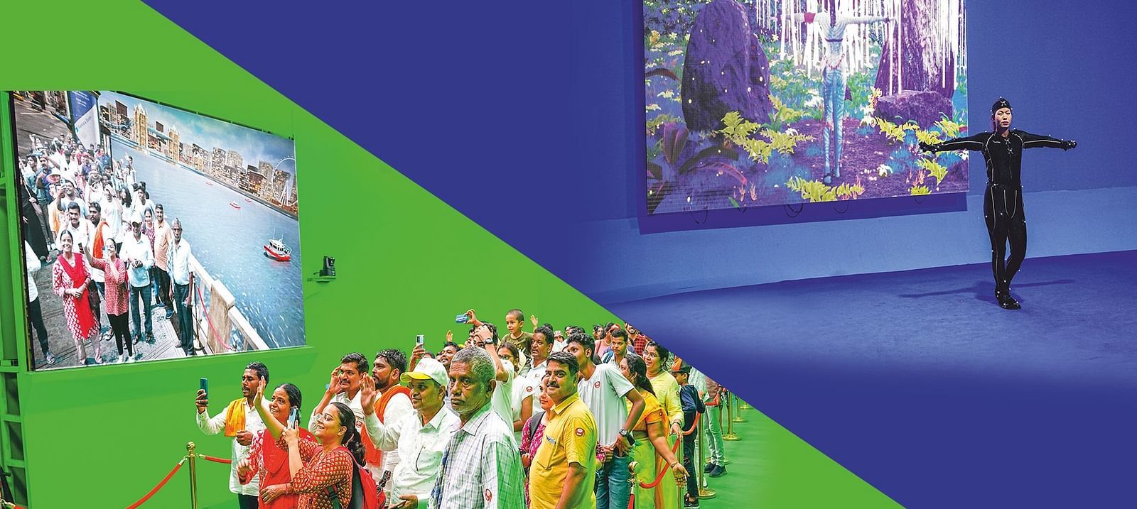 Image divided in half diagonally. Left: A group of people watch a screen showing a street scene. Right: An individual stands in a blue room facing a large screen displaying a jungle scene with a waterfall.