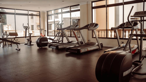 A fitness centre with treadmills, elliptical trainers, and exercise bikes facing tall windows overlooking a balcony and city buildings in warm light.