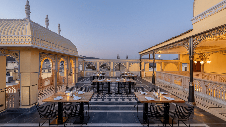 our rooftop dining area during the evening - Brij Castle, Jaipur
