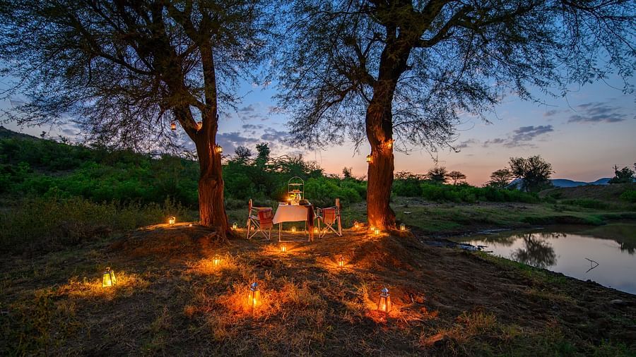 An image of an outdoor dining arrangement near a lake over viewing the mountains with bright lighting and greenery around - Utsav Camp Sariska
