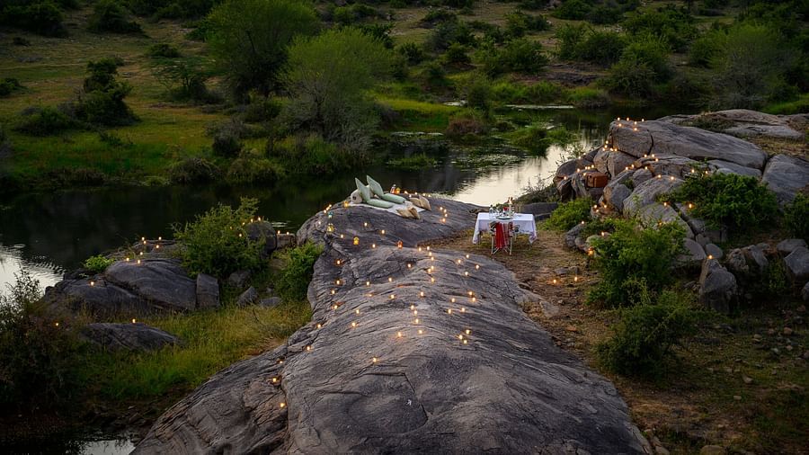 An image of an outdoor dining arrangement near a lake over viewing the mountains with bright lighting and greenery around - Utsav Camp Sariska