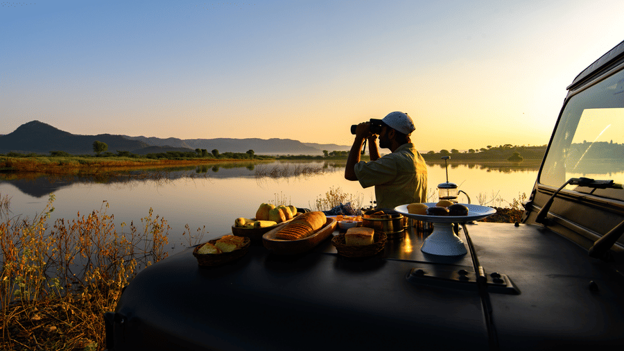 A man standing near a lake with his jeep parked over looking the mountain with binoculars near Utsav Camp Sariska.