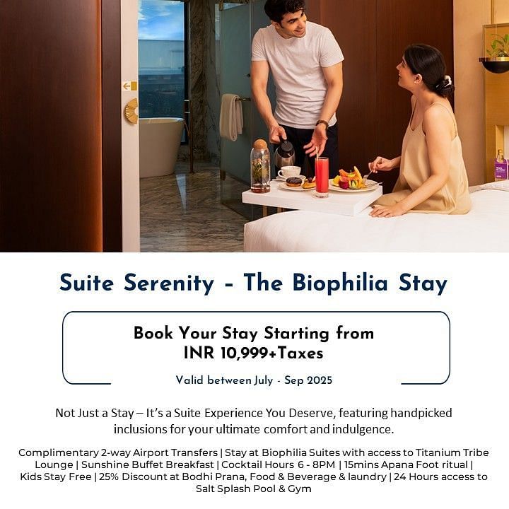 Creative lifestyle photography showing a couple enjoying morning coffee and breakfast in a luxurious hotel suite with ocean views, showcasing the elegant Biophilia Suite experience at Radisson Blu GRT Chennai with modern amenities and spacious accommodatio
