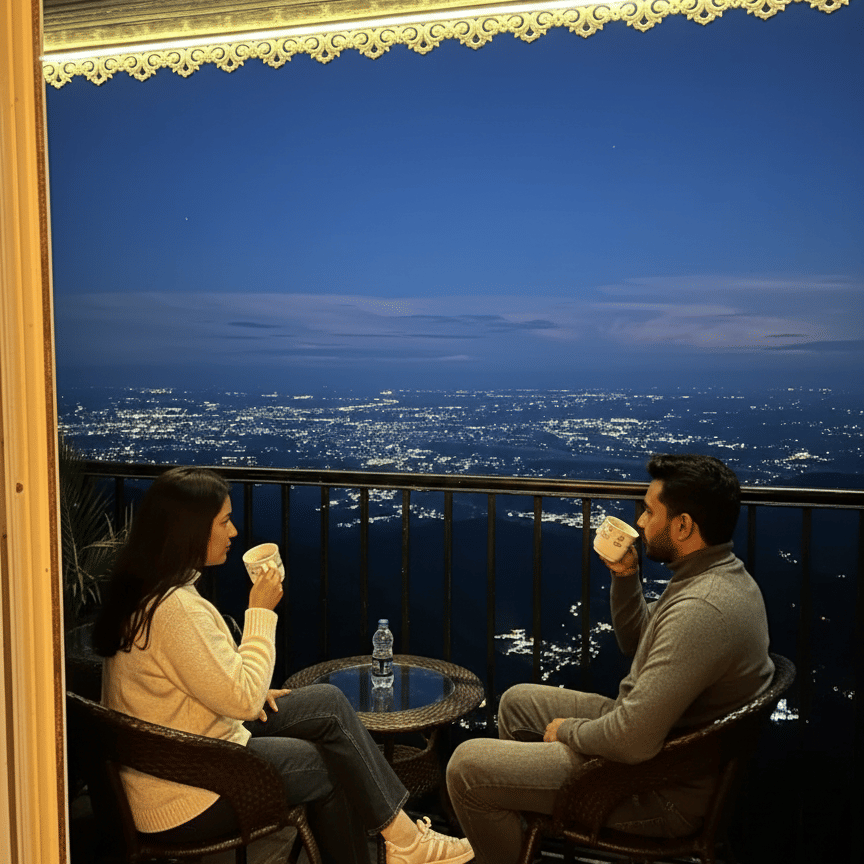 A couple sitting on a hotel room balcony at night, enjoying a peaceful and romantic view of the lit-up Kurseong city and the Giddha Pahar mountains.