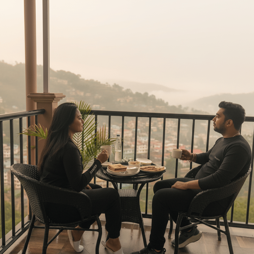 A couple sitting in a cozy Kurseong hotel room, enjoying a cup of tea while looking out at a scenic view of the city and the Giddha Pahar mountains.