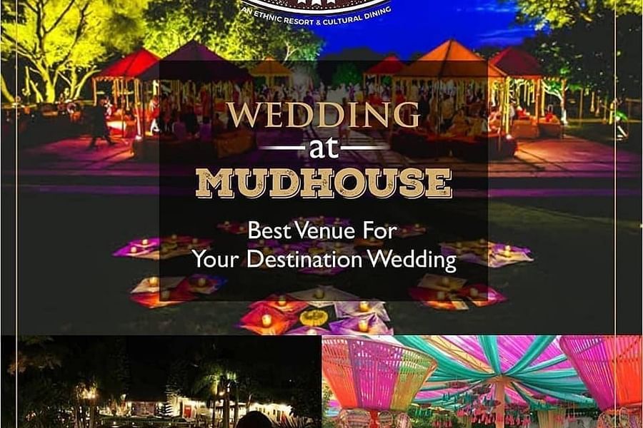 a collage of wedding setup at Themis Mudhouse Resorts