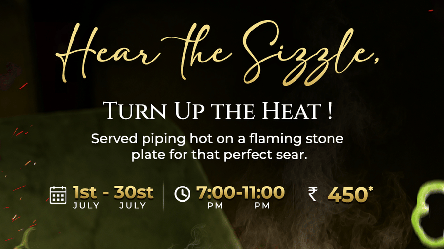 Promotional food poster for Pride Hotel Nagpur featuring a sizzling hot plate with meat and fries, tagline Hear The Sizzle Turn Up The Heat, priced at Rs 450 available from 1pm to 11pm.