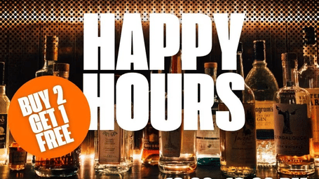 A promotional graphic for happy hours featuring various glass bottles and offer details.