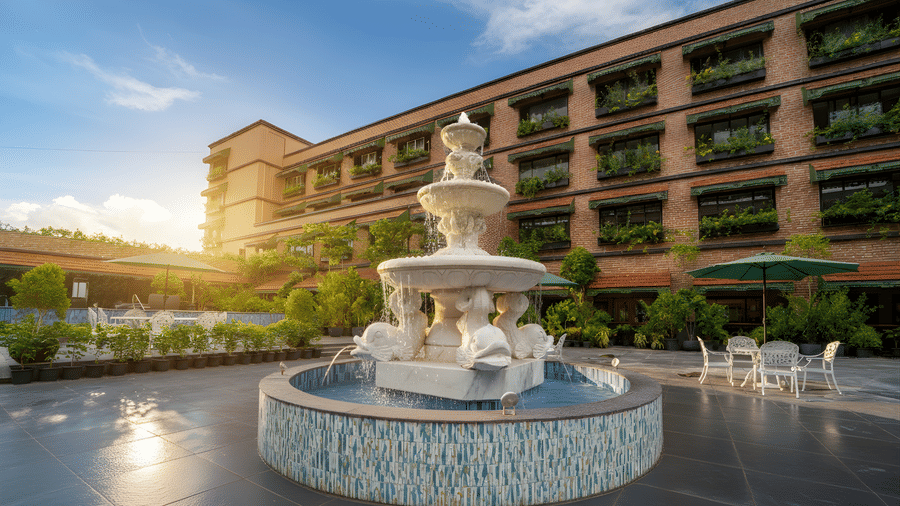 A courtyard fountain with multiple tiers, flowing water, surrounding outdoor seating and the resort’s facade in the background during sunset at MAYFAIR Bay Resort, Paradeep.