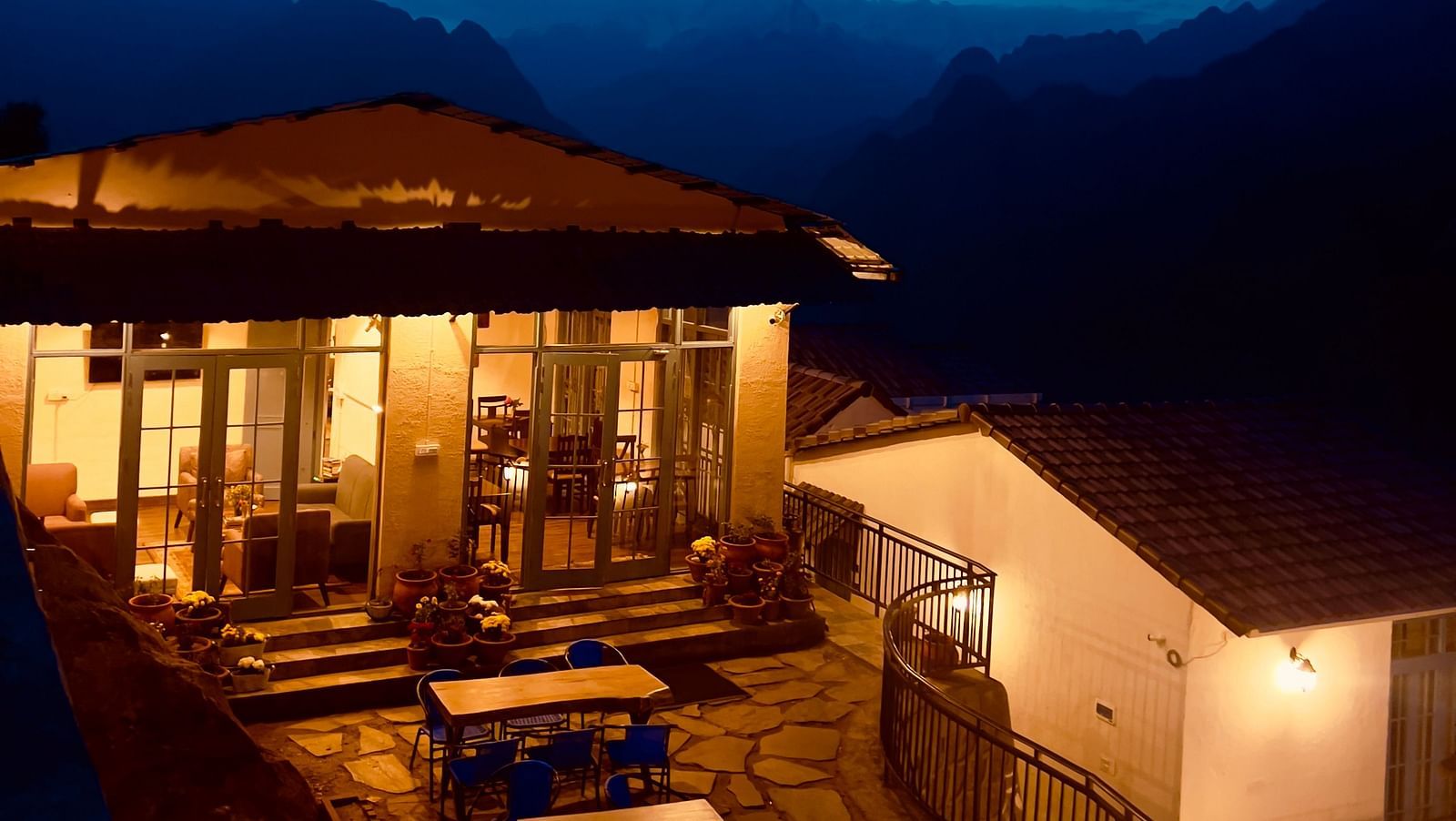 Aerial view of Faraway Cottages, Auli at night 