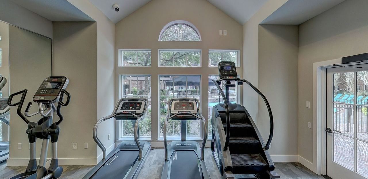 Indoor gym room with four cardio machines featuring two treadmills, a cross-trainer, and a stationary bike, facing tall arched windows.
