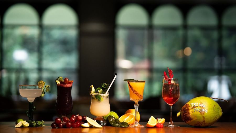 An image showcasing a variety of mocktails, cocktails, and fresh fruits arranged on a wooden counter.