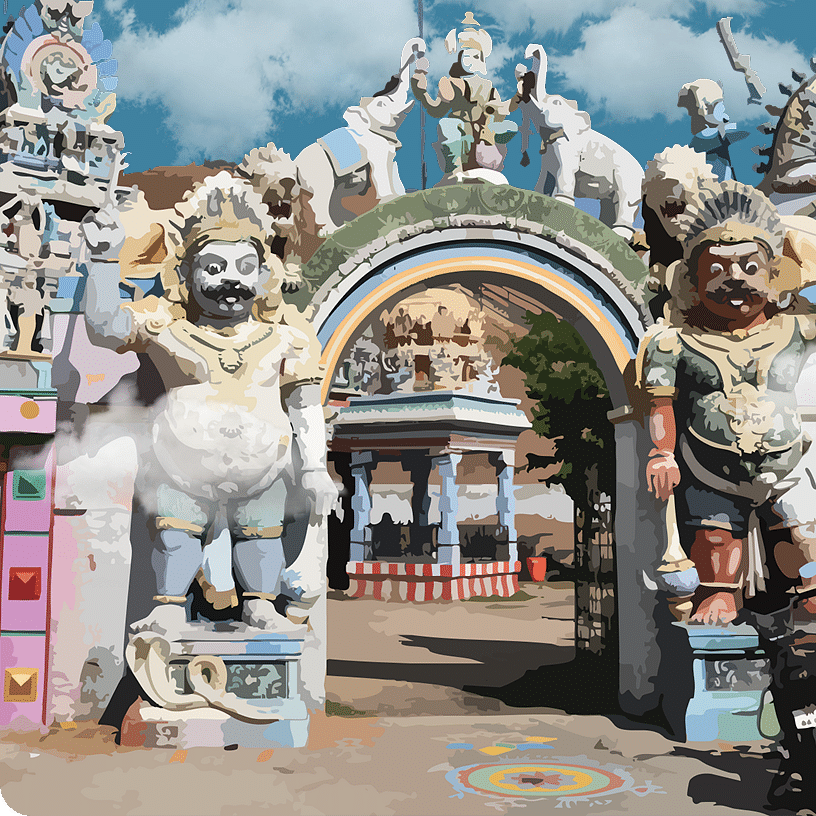 Ornate gopuram entrance of a South Indian temple, adorned with vivid sculptures and mythological figures.