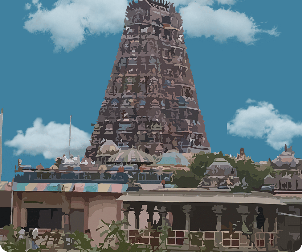 Dark-hued temple tower standing tall with mythological motifs, set against a serene sky.