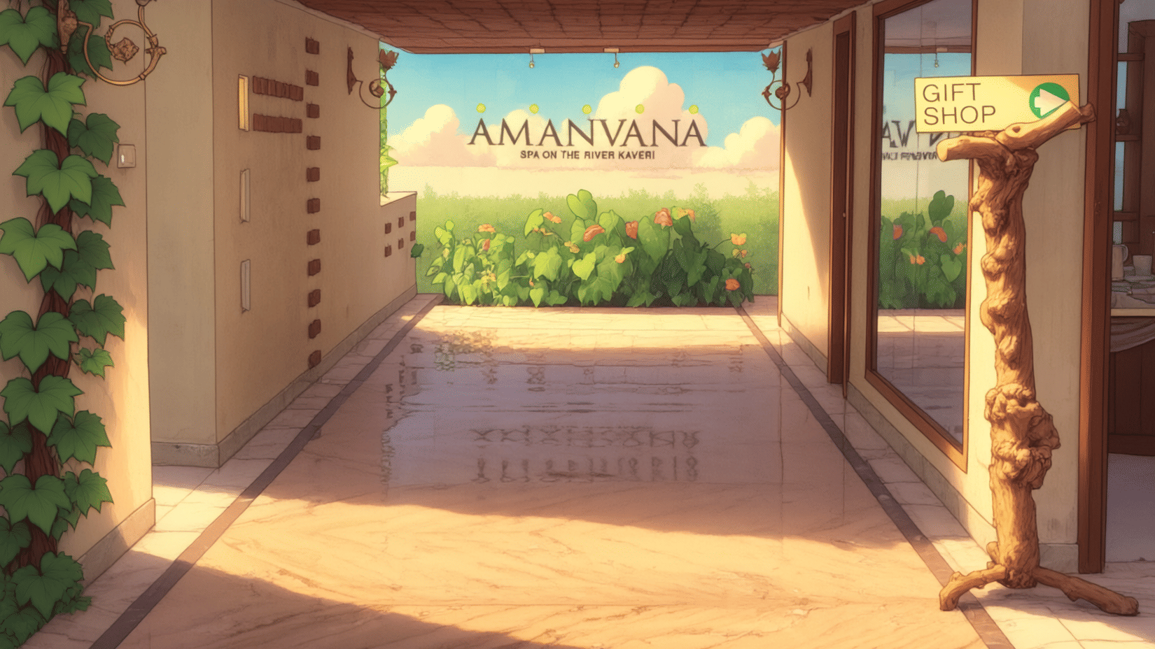 Entrance pathway leading into Amanvana Spa Resort with signage and landscaped surroundings.