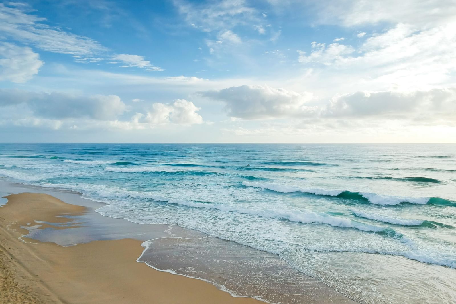 A bright landscape featuring a clean shoreline with blue ocean water crashing at the beach shore.