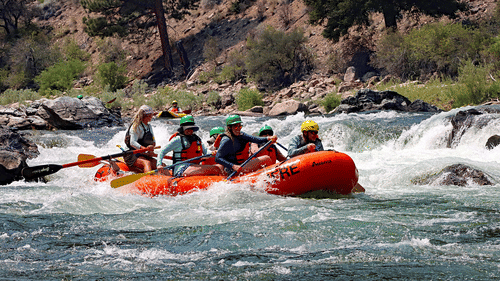 Group of people paddling through waters