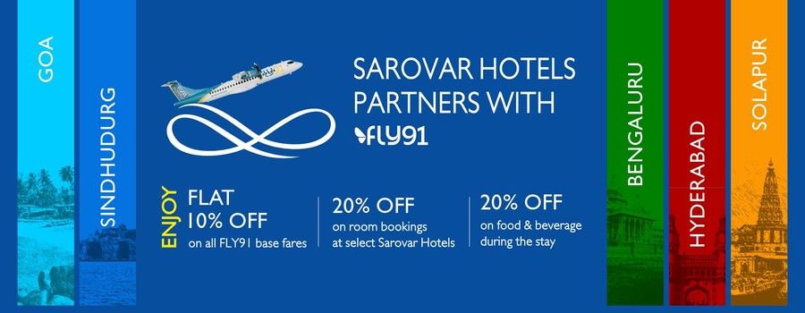 Promotional banner for Sarovar Hotels’ partnership with FLY91, offering 10% off on FLY91 base fares, 20% off on room bookings at select Sarovar Hotels, and 20% off on food and beverages.