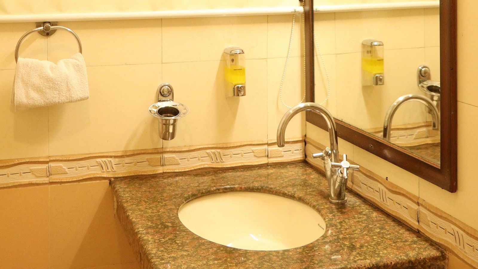 A bathroom with a round sink on a granite countertop, a framed mirror, and a towel ring, illuminated by a light fixture above. - Hotel Diamond Plaza, Chandigarh.