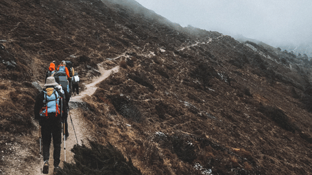 Line of hikers wearing backpacks and using trekking poles, walking along a dirt trail on a foggy, scrub-covered mountainside.