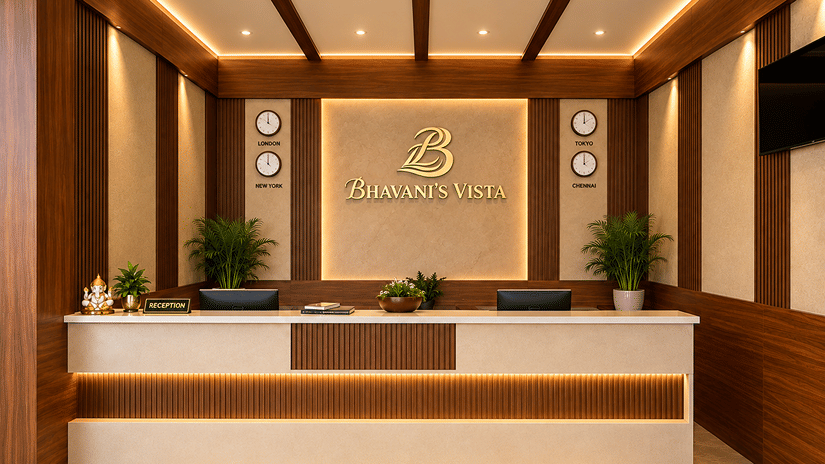 Modern front desk reception area with wooden paneling and warm ceiling lighting at Bhavani's Vista By Icon, Hosur.   
